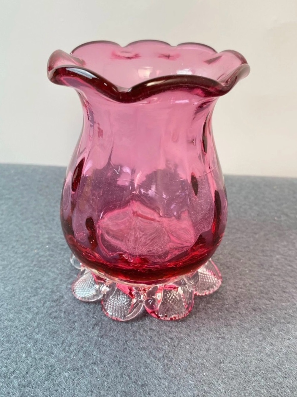 Vintage MCM Cranberry Thumbprint Ribbed Hand Blown Glass Vase